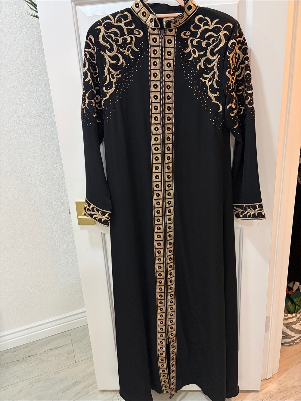 Formal Black and Gold Embroidered Long Dress / Abaya